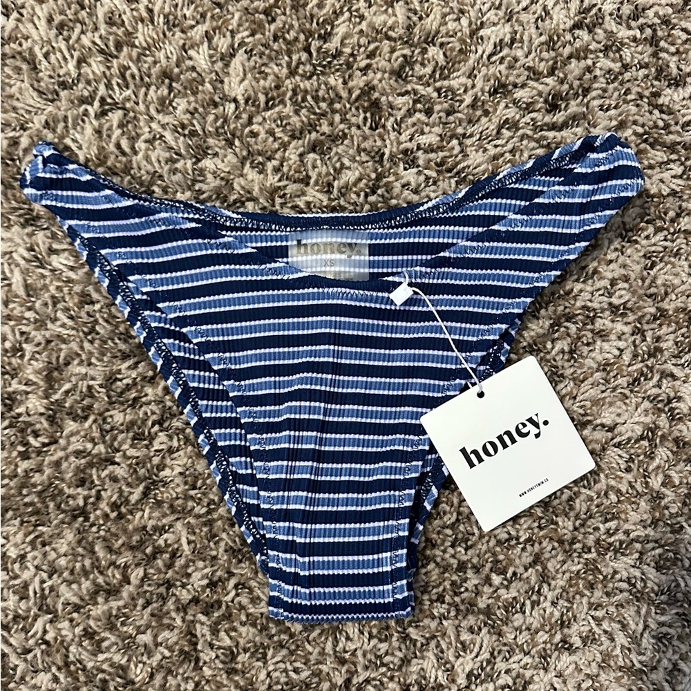 Honey Swim Santorini Ribbed Blue and White Striped Bikini Bottom